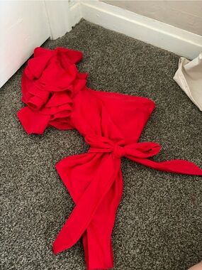 Bright Red One-Shoulder Ruffle Bikini Top with Tie